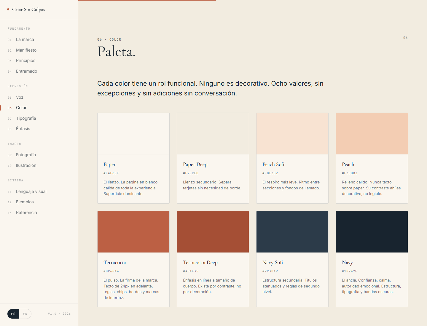 Current public Brand System palette on criarsinculpas.com/brand