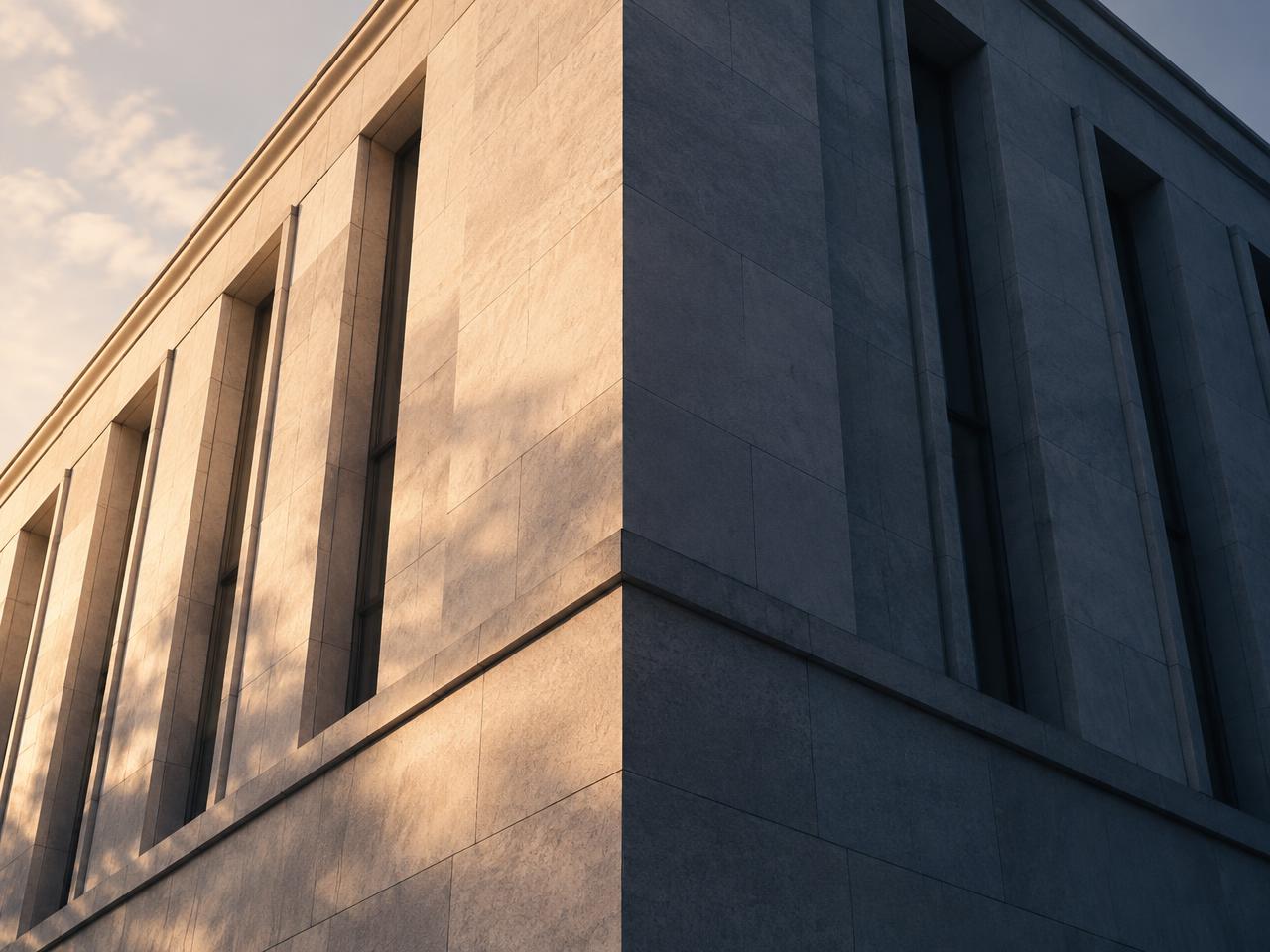 Late light raking across the stone facade of a downtown building